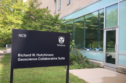Image of the exterior door of the R. W. Hutchinson Geoscience Collaborative Suite. 